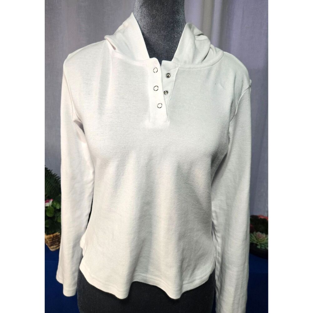 Eye Candy Snap‑Front Hooded Top Size L Soft Knit, White